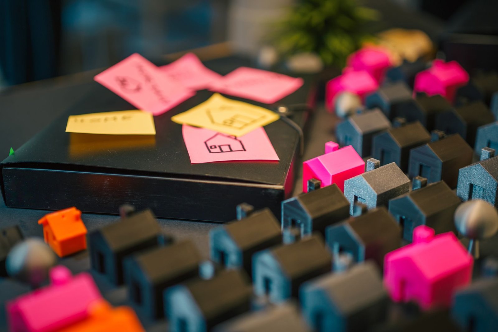 A vibrant display of miniature houses and sticky notes, illustrating real estate planning concepts.