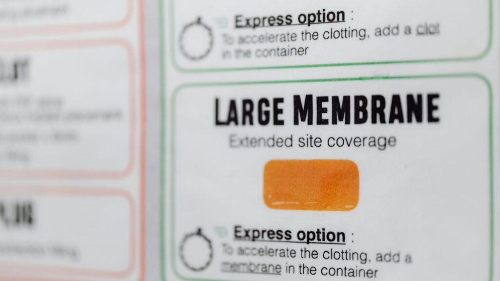 A close-up view of a medical instruction label highlighting 'Large Membrane'.