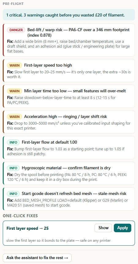 ATN pre-flight panel showing findings after a slice